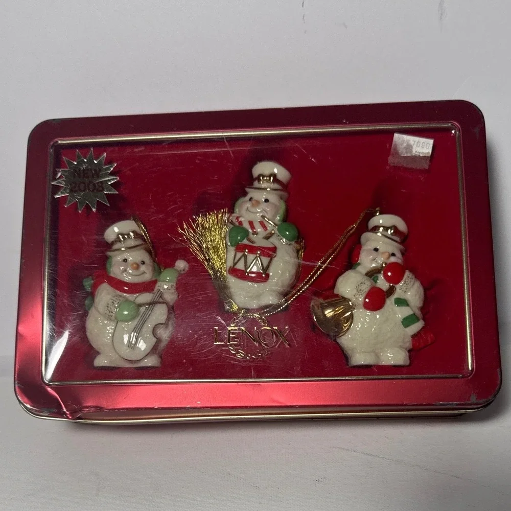 Lenox Ornament Set White NEW 2003 Musical Snowman 3pc Tin 6262950